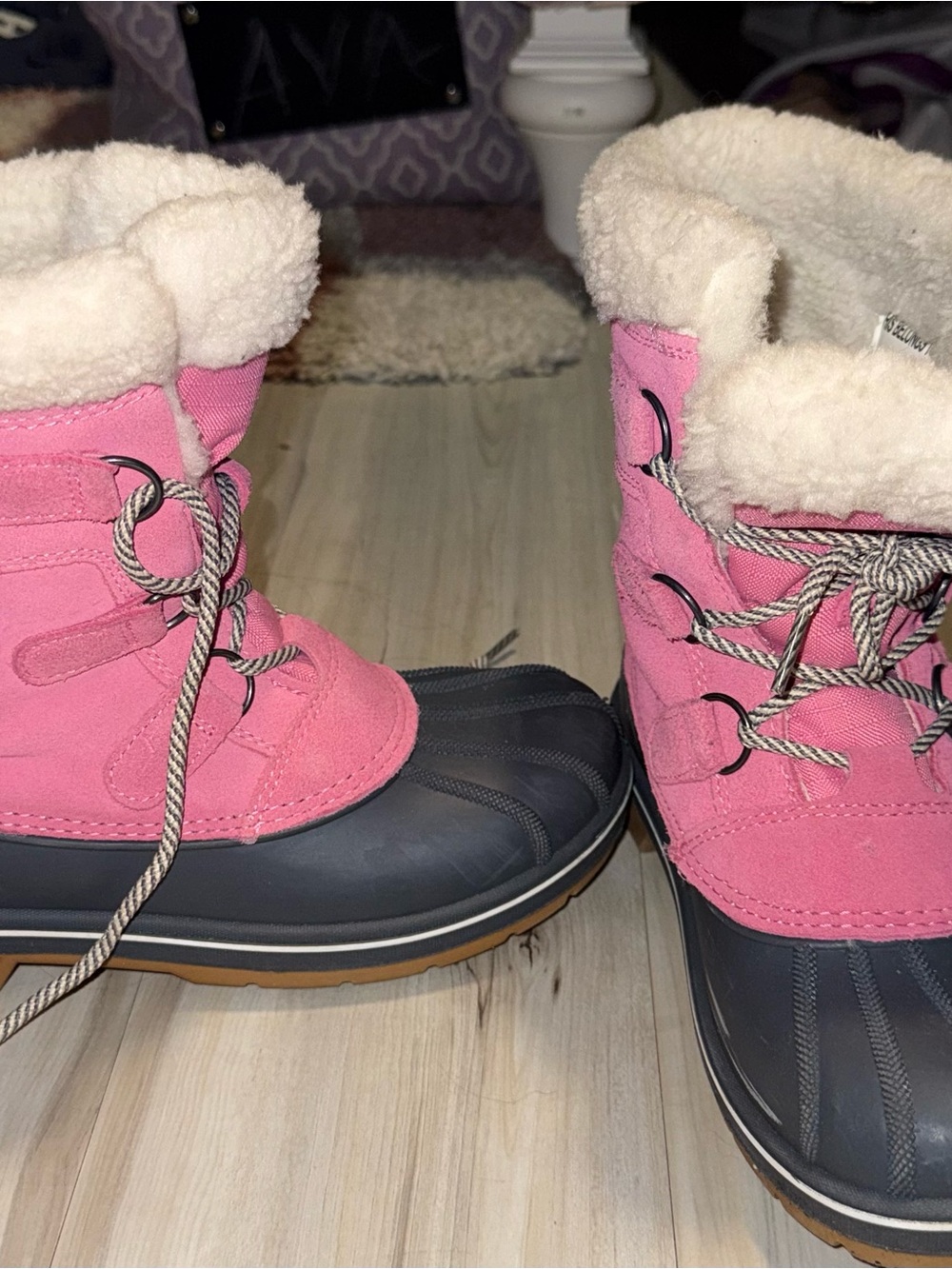 Cat & Jack Pink and Gray Kids Snow Boots with Faux Fur Collar Size 5